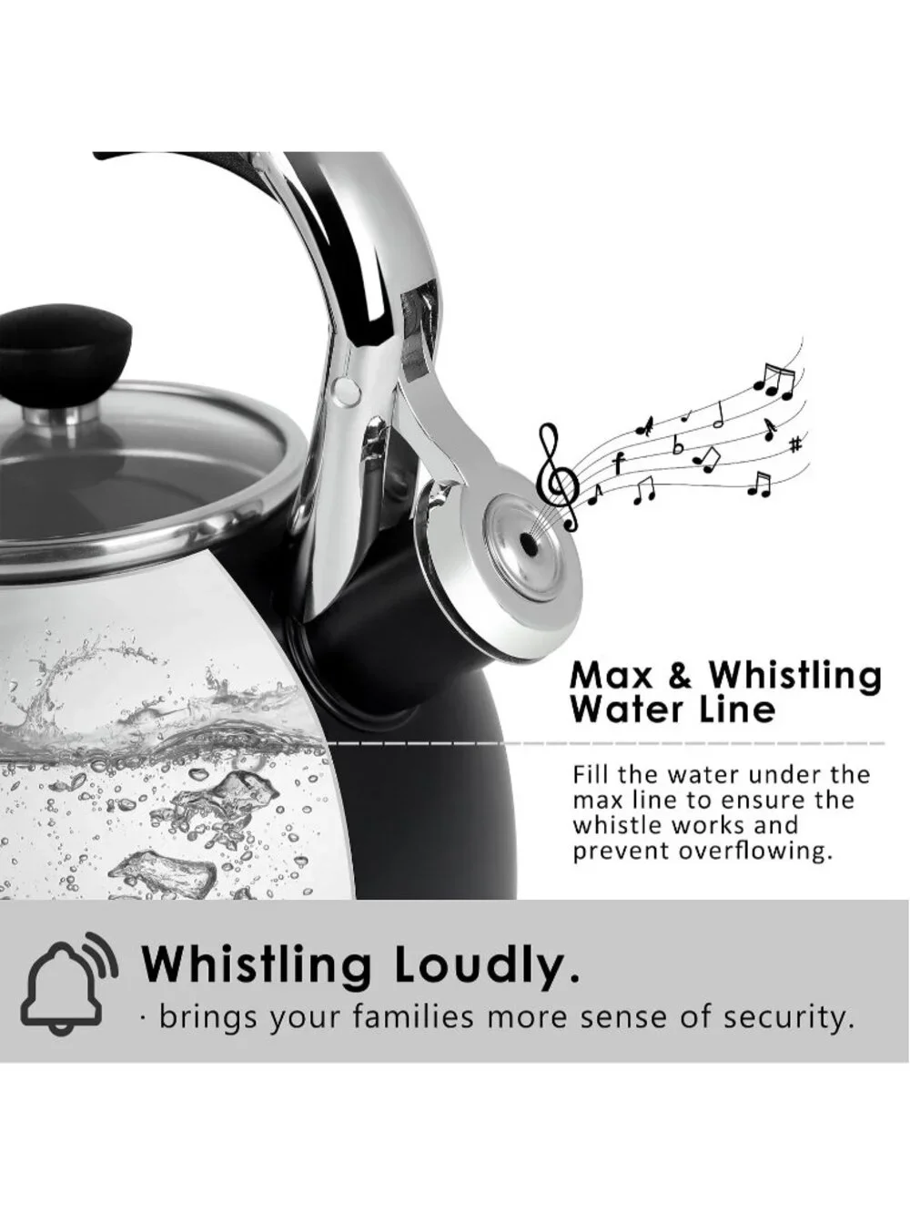 Black Stainless Steel Kitchen Whistling Stove Top Tea Kettle 2.5 Quart Glass Lid